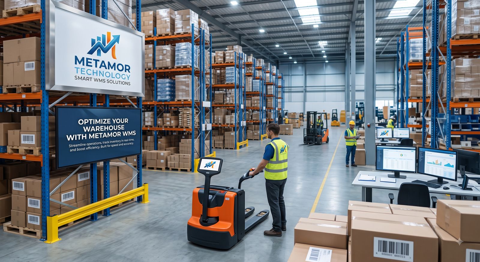 Warehouse Management System (WMS) by Metamor Technologies — organized modern warehouse with racked inventory, barcode and RFID tracking for real-time stock visibility